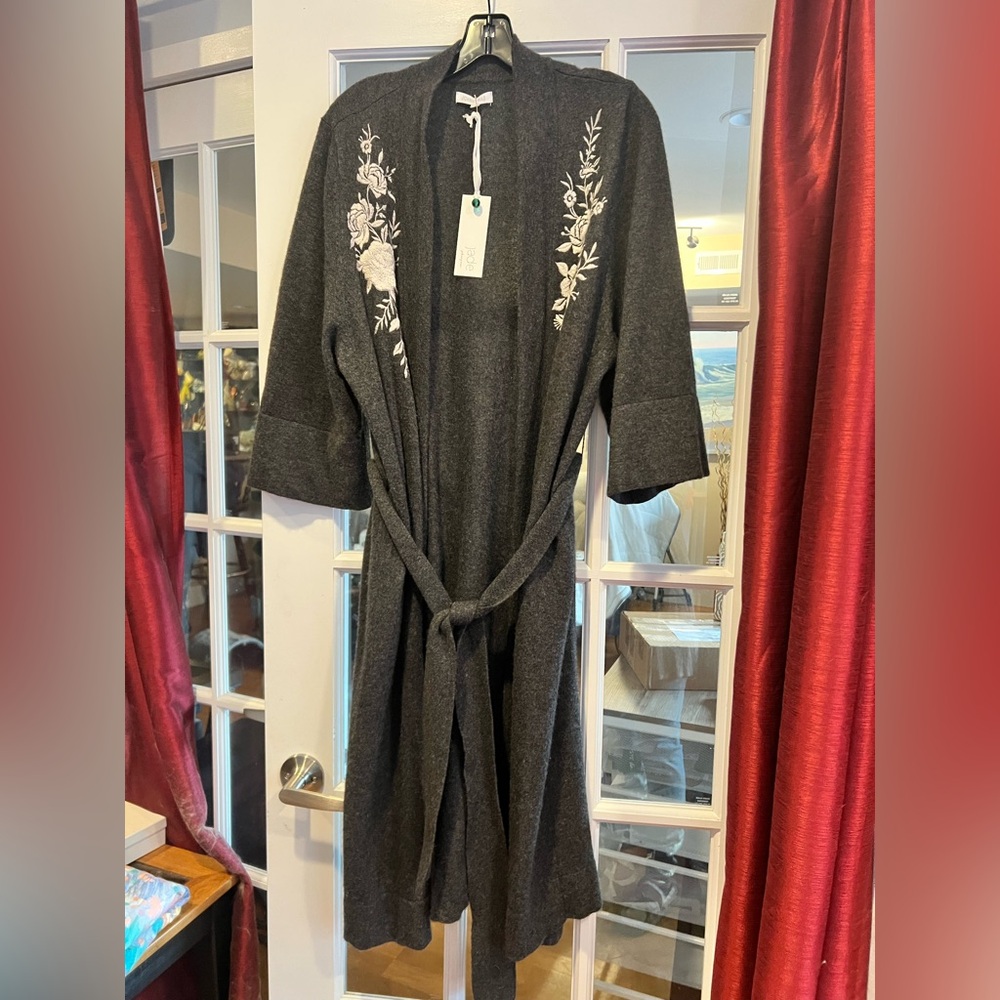 Johnny Was Charcoal Floral Embroidered Cardigan